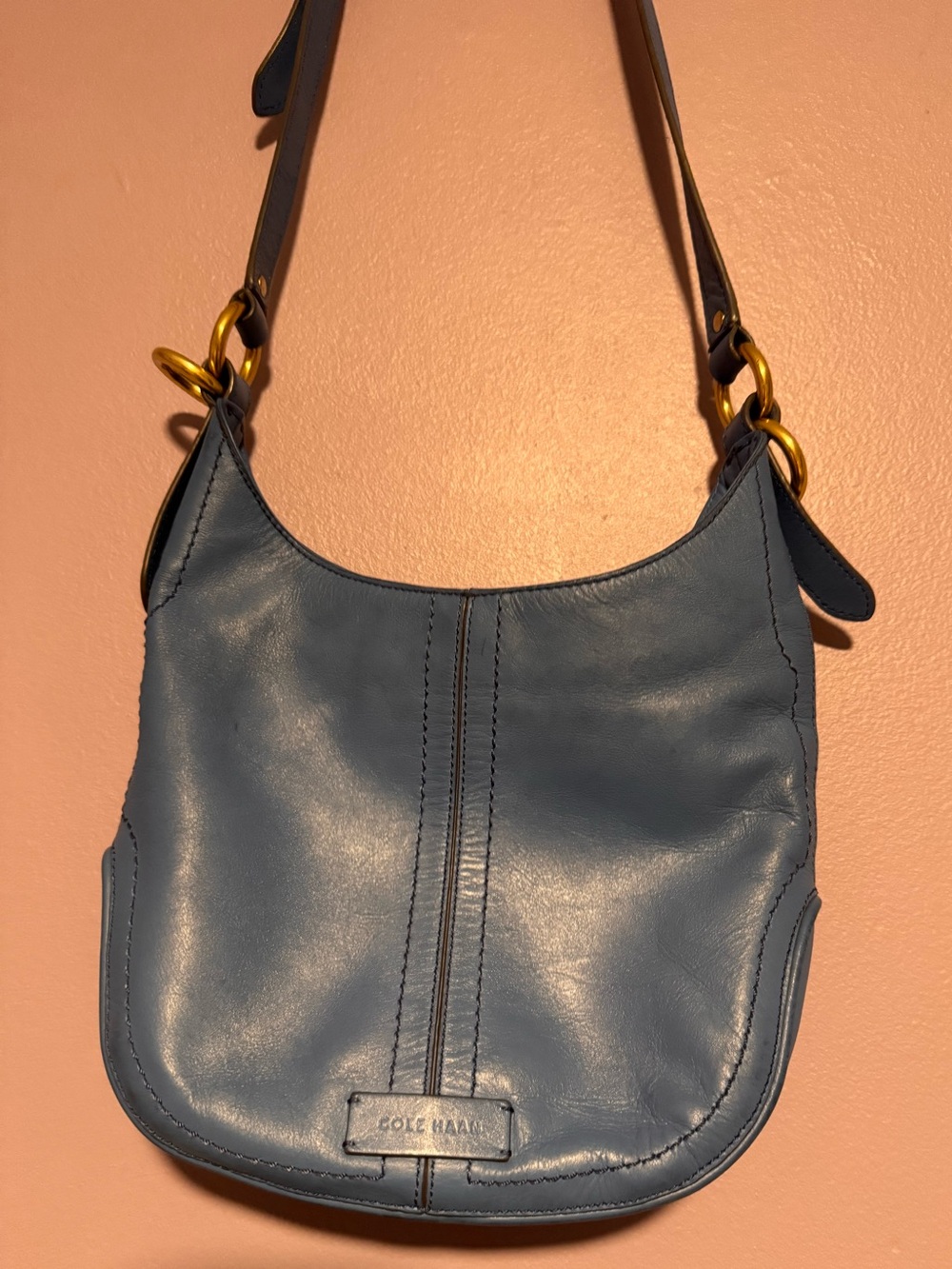 Cole Haan Blue Leather Shoulder Handbag W/ Brass Hardware
